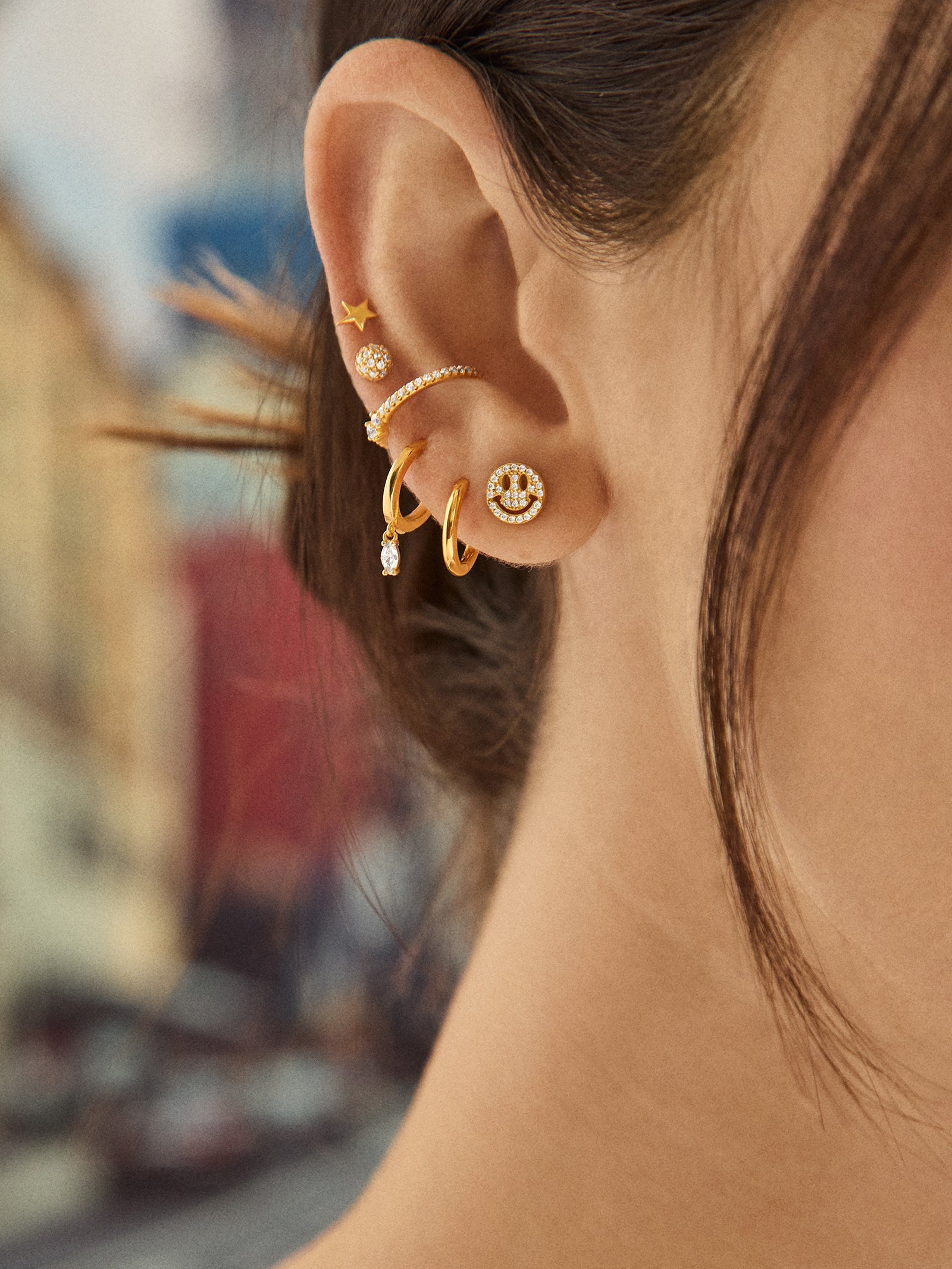 18K Gold Just For Fun Earrings - Pavé Smiley Face